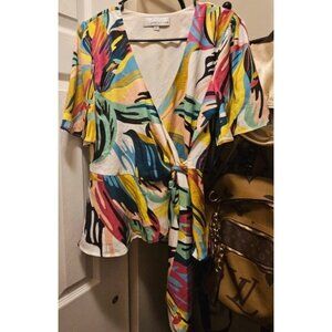 Adelyn Rae Multicolor Tie-Waist Wrap Blouse With Flutter Sleeves Size Small